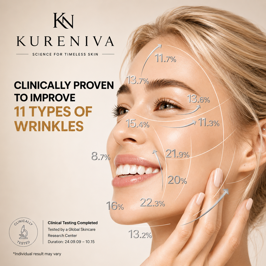 Woman with youthful glowing skin after using Kure Niva NAD+ Peptide Renewal Serum - anti-aging results