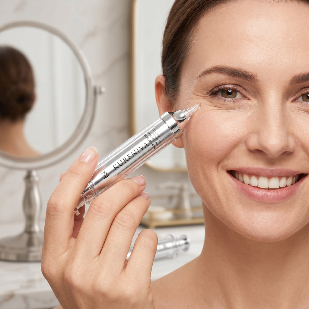 Woman with youthful volumized skin using Kure Niva NAD+ Retinol Volumizing Cream - anti-aging skincare